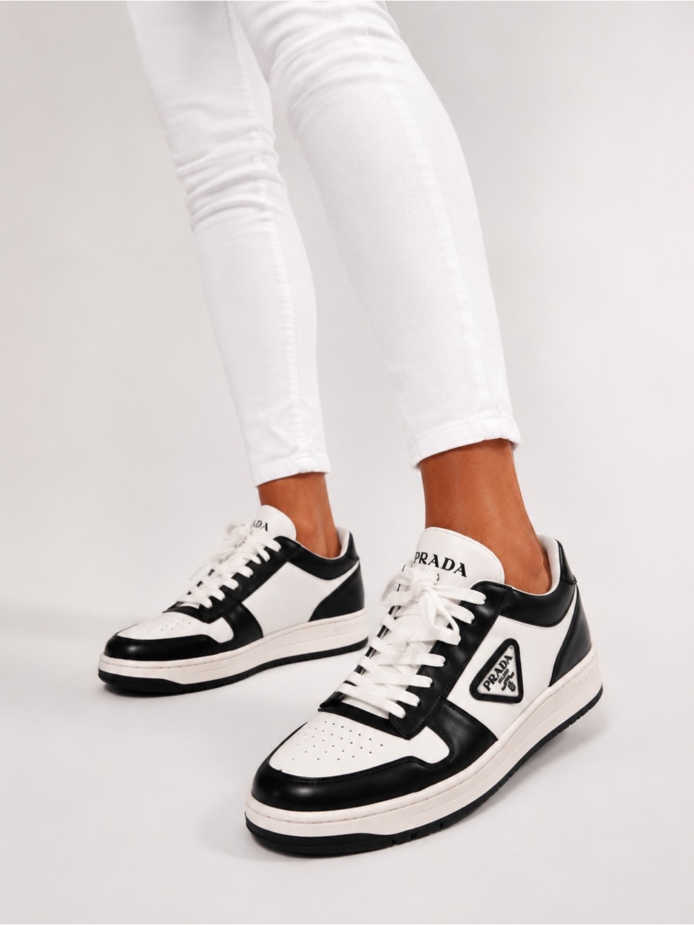 Prada Black White Leather Low Top Sneakers Triangle Logo Lace Up Designer Shoes